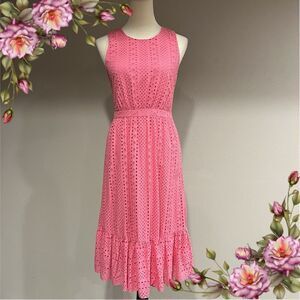 J. Crew Eyelet-embroidered tiered pink scoop neck sleeveless midi dress